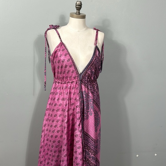Women’s Silk Maxi Layered Open Back Shoulder Tie Purple Pink Dress OS - Picture 3 of 16